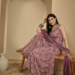 Kimayra Rayon Ankle Length Printed Sleeveless V-Neck Anarkali Kurta Suit Set