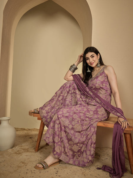 Kimayra Rayon Ankle Length Printed Sleeveless V-Neck Anarkali Kurta Suit Set