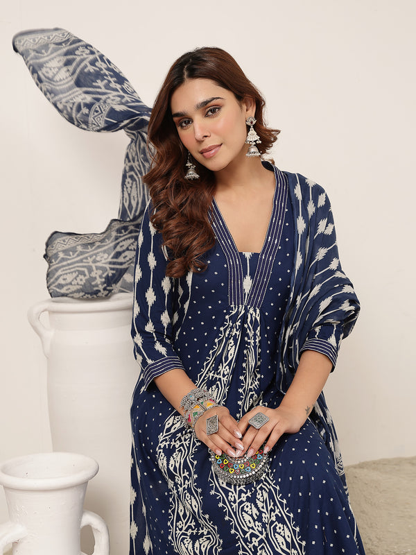 Kimayra Rayon Calf Length Printed 3/4 Sleeve V-Neck Straight Kurta Suit Set