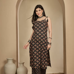 Kimayra Rayon Calf Length Printed Strappy Sleeve Round Neck A-Line Kurta Suit Set