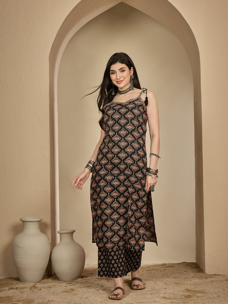 Kimayra Rayon Calf Length Printed Strappy Sleeve Round Neck A-Line Kurta Suit Set