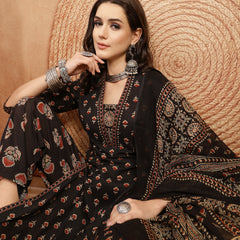 Kimayra Cotton Calf Length Printed 3/4 Sleeve V-Neck A-Line Kurta Suit Set