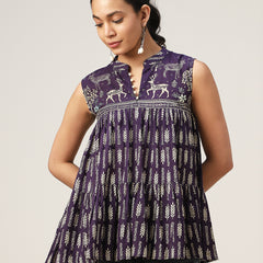 Kimayra Cotton Hip Length Printed Sleeveless Mandarin Collar Flared Top