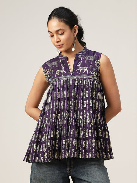 Kimayra Cotton Hip Length Printed Sleeveless Mandarin Collar Flared Top