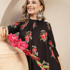 Kimayra Cotton Calf Length Printed 3/4 Sleeve Band Collar Flared Kurta Suit Set