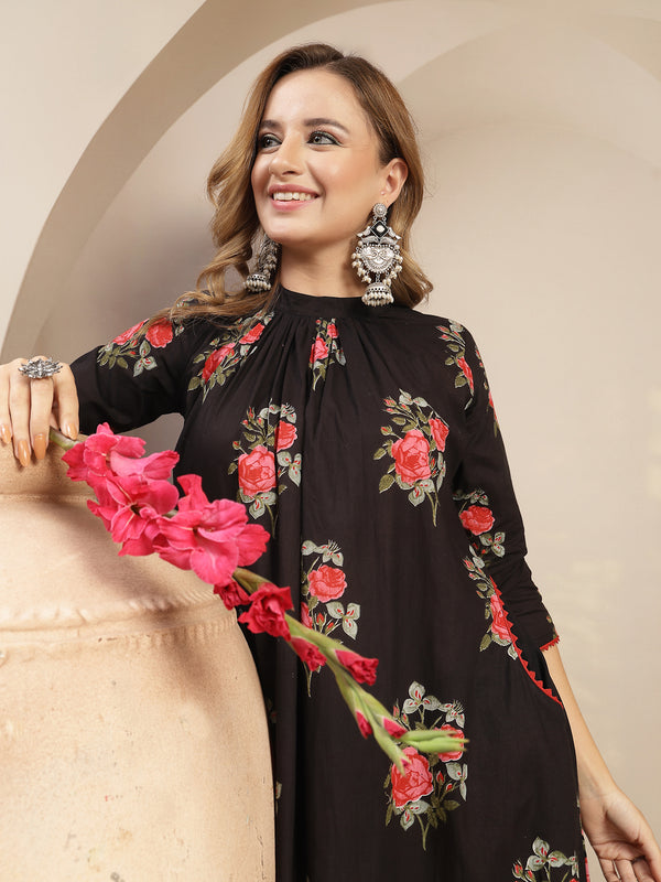 Kimayra Cotton Calf Length Printed 3/4 Sleeve Band Collar Flared Kurta Suit Set