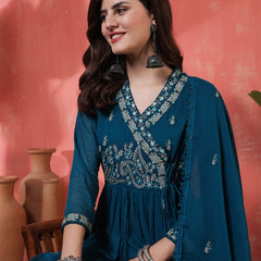Kimayra Cotton Calf Length Printed 3/4 Sleeves Angrakha Anarkali Kurta Suit Set