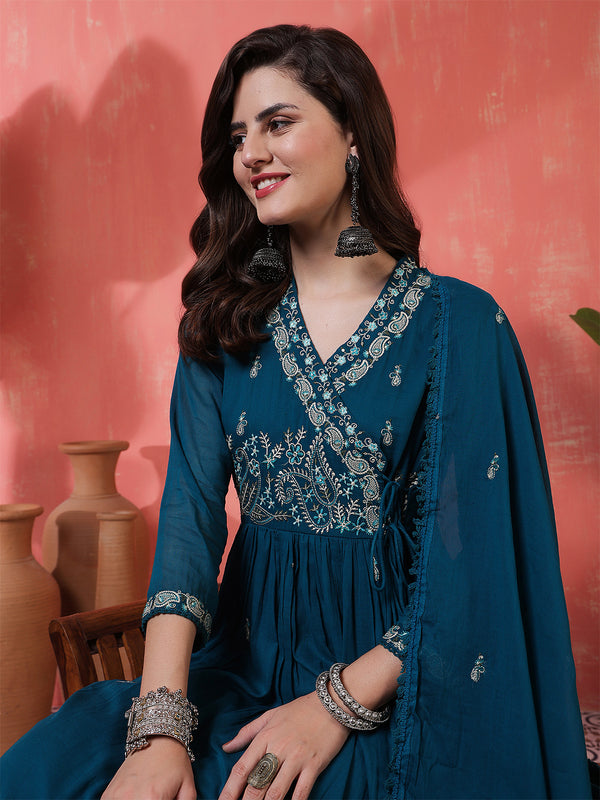 Kimayra Cotton Calf Length Printed 3/4 Sleeves Angrakha Anarkali Kurta Suit Set