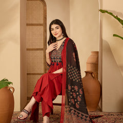 Kimayra Rayon Calf Length Solid 3/4 Sleeve V-Neck Flared Kurta Suit Set