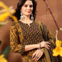 Kimayra Cotton Calf Length Printed 3/4 Sleeve Round Neck Straight Kurta Suit Set
