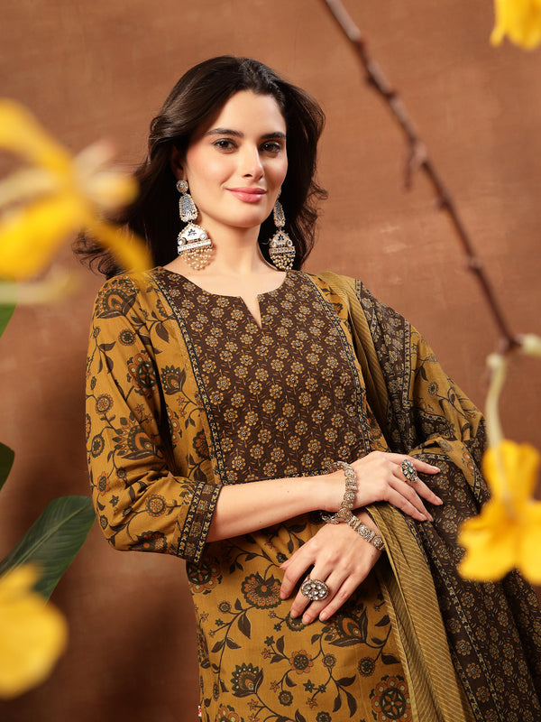 Kimayra Cotton Calf Length Printed 3/4 Sleeve Round Neck Straight Kurta Suit Set