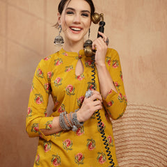 Kimayra Rayon Calf Length Printed 3/4 Sleeve Key Hole Neck Straight Kurta