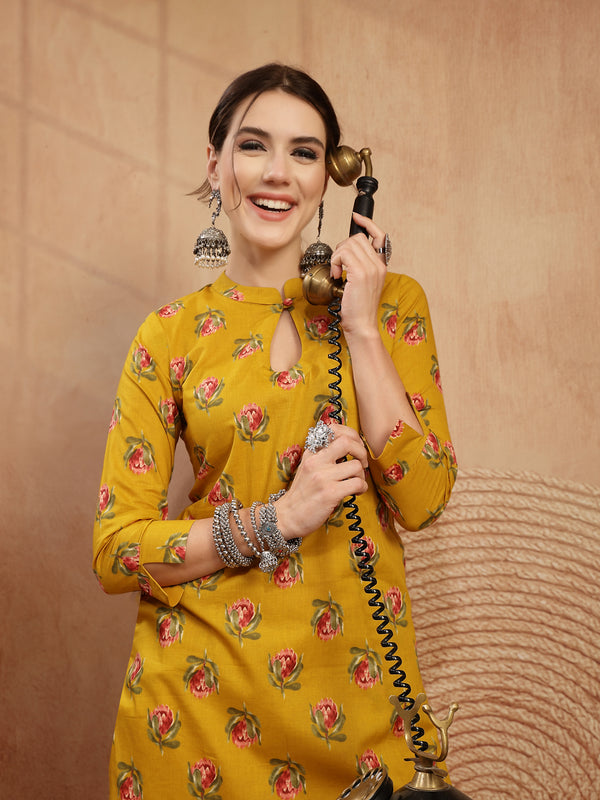 Kimayra Rayon Calf Length Printed 3/4 Sleeve Key Hole Neck Straight Kurta