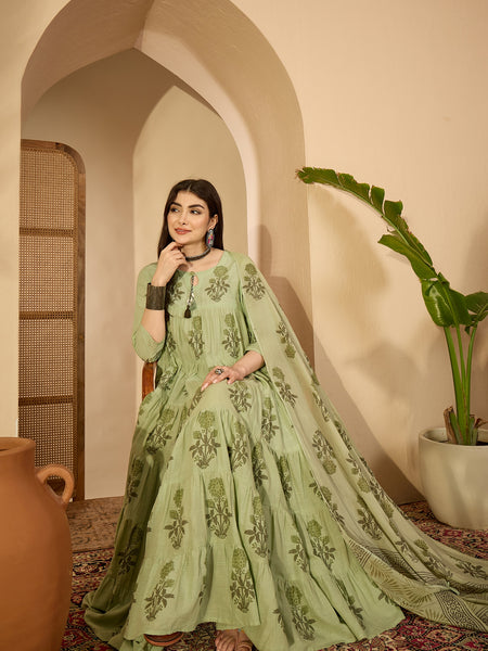 Kimayra Cotton Calf Length Printed 3/4 Sleeve Key Hole Neck Anarkali Kurta Suit Set