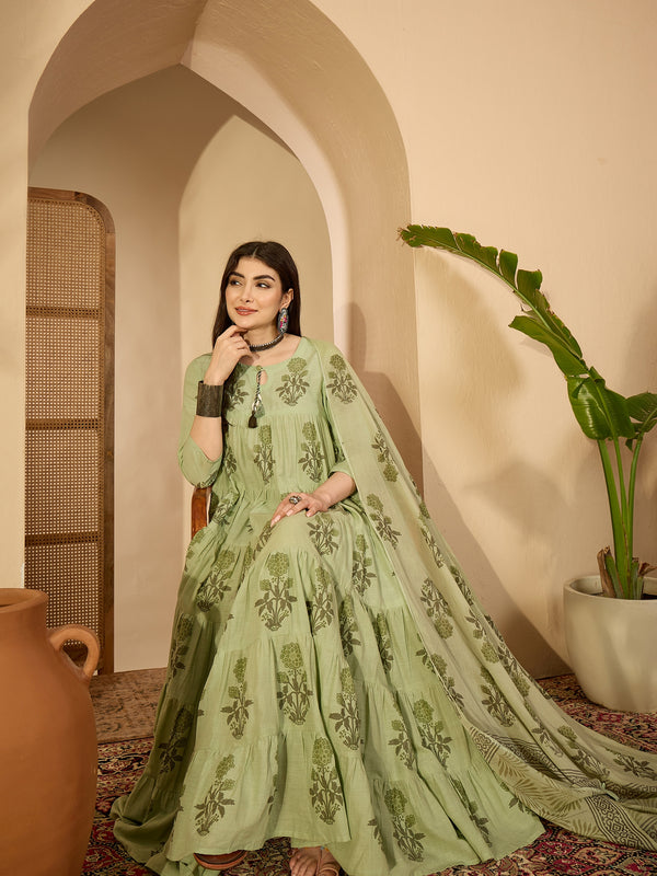 Kimayra Cotton Calf Length Printed 3/4 Sleeve Key Hole Neck Anarkali Kurta Suit Set