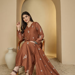 Kimayra Chanderi Calf Length Solid 3/4 Sleeves V-Neck Flared Kurta Suit Set