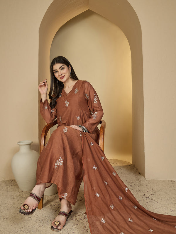 Kimayra Chanderi Calf Length Solid 3/4 Sleeves V-Neck Flared Kurta Suit Set