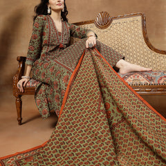 Kimayra Cotton Calf Length Printed 3/4 Sleeve V-Neck Flared Kurta Suit Set