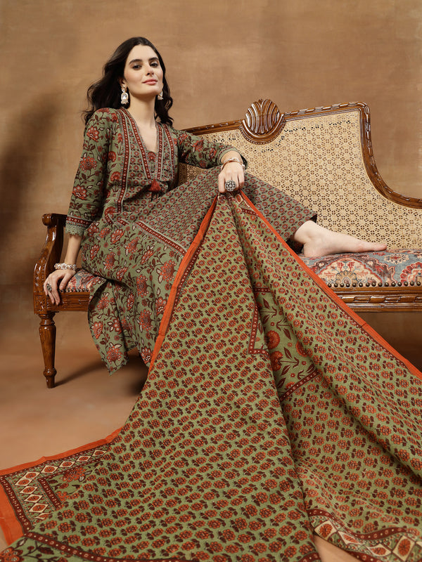 Kimayra Cotton Calf Length Printed 3/4 Sleeve V-Neck Flared Kurta Suit Set