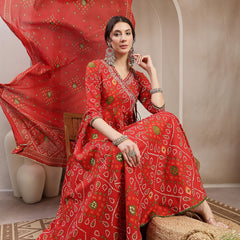 Kimayra Cotton Calf Length Printed 3/4 Sleeve Angrakha Flared Kurta Suit Set