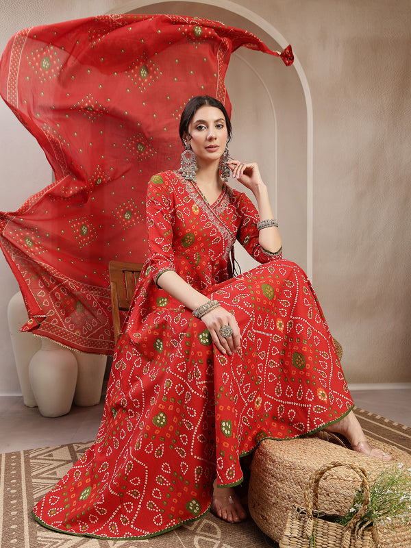 Kimayra Cotton Calf Length Printed 3/4 Sleeve Angrakha Flared Kurta Suit Set