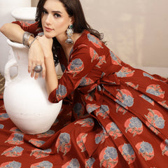 Kimayra Cotton Calf Length Printed 3/4 Sleeve V-Neck Flared Kurta