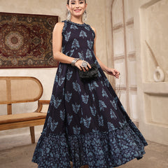 Kimayra Cotton Calf Length Printed Sleeveless Round Neck Flared Kurta