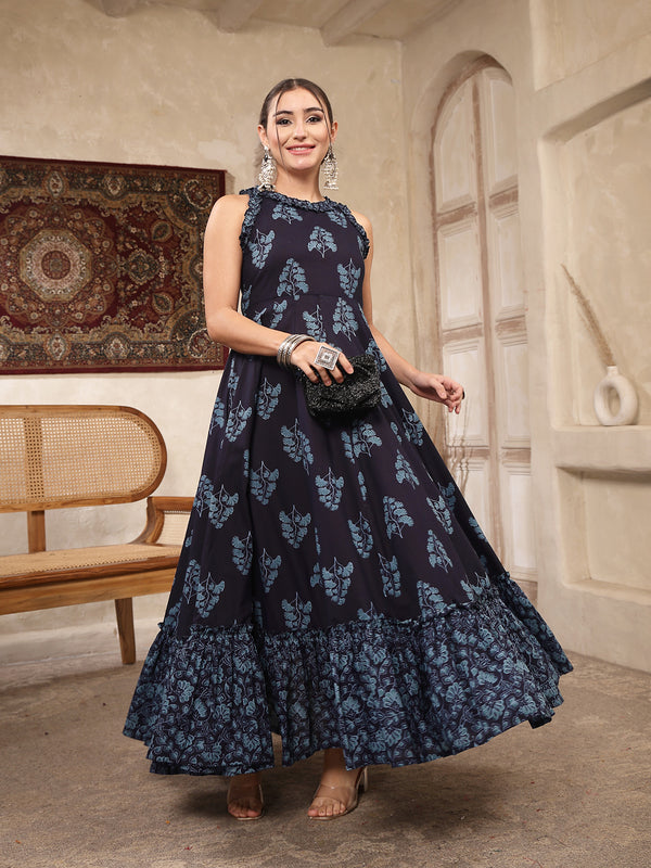 Kimayra Cotton Calf Length Printed Sleeveless Round Neck Flared Kurta