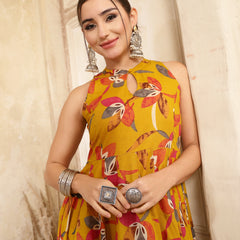 Kimayra Cotton Calf Length Printed Sleeveless Key Hole Neck Flared Kurta