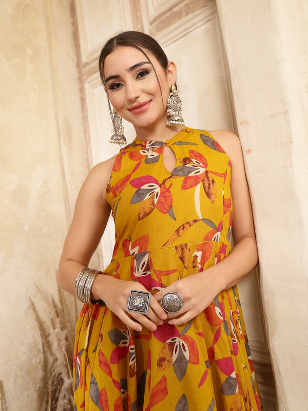 Kimayra Cotton Calf Length Printed Sleeveless Key Hole Neck Flared Kurta