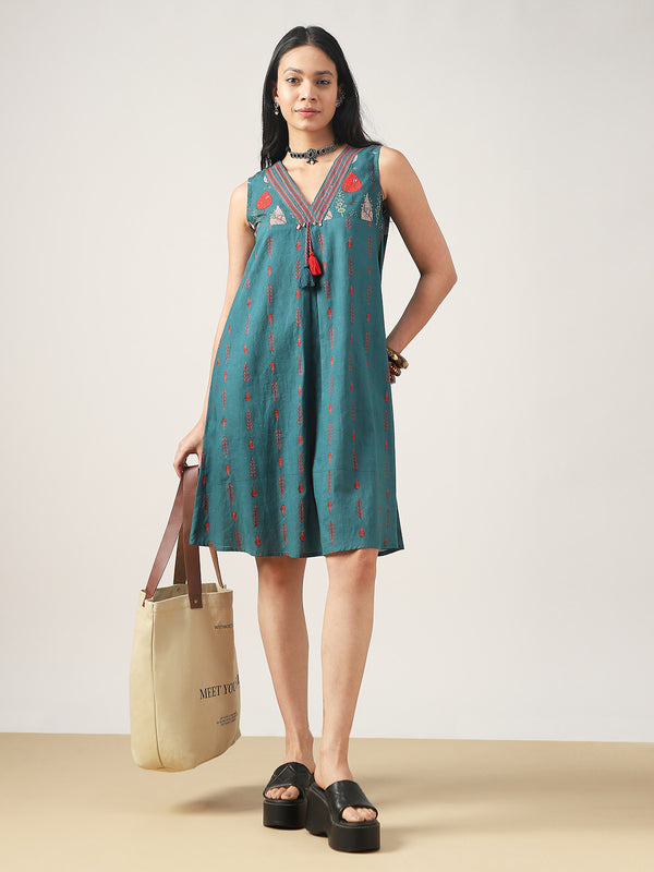 Kimayra Cotton Mid Length Printed Sleeveless V-Neck Flared Dress