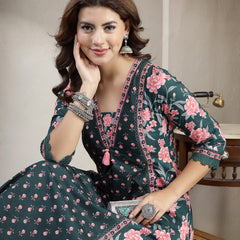 Kimayra Cotton Calf Length Printed 3/4 Sleeve V-Neck Flared Kurta Suit Set