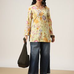 Kimayra Cotton Hip Length Printed Full Sleeve V-Neck Straight Top
