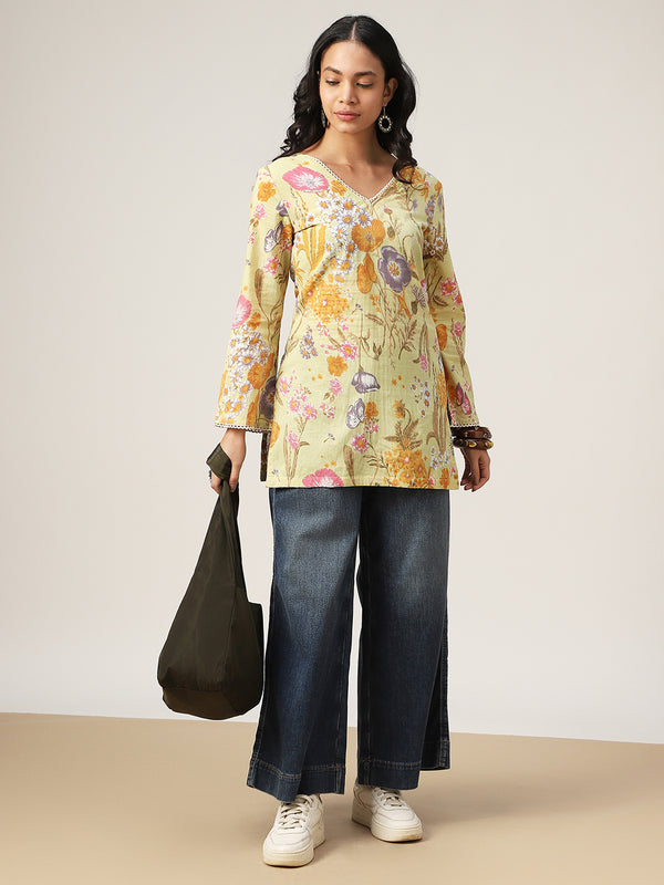 Kimayra Cotton Hip Length Printed Full Sleeve V-Neck Straight Top