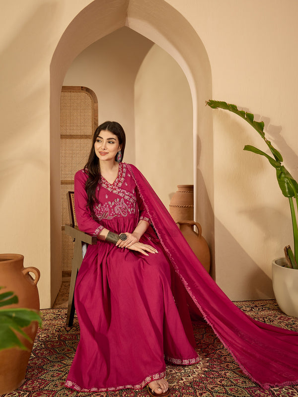 Kimayra Cotton Calf Length Solid 3/4 Sleeve V-Neck Anarkali Kurta Suit Set