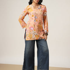 Kimayra Cotton Hip Length Printed Full Sleeve V-Neck Straight Top