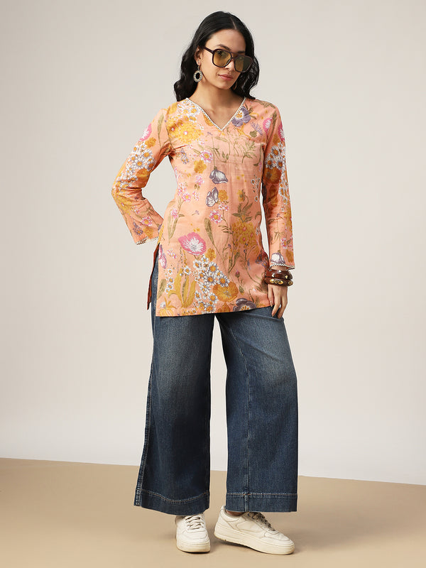 Kimayra Cotton Hip Length Printed Full Sleeve V-Neck Straight Top