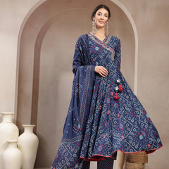 Kimayra Cotton Calf Length Printed 3/4 Sleeve Angrakha Flared Kurta Suit Set