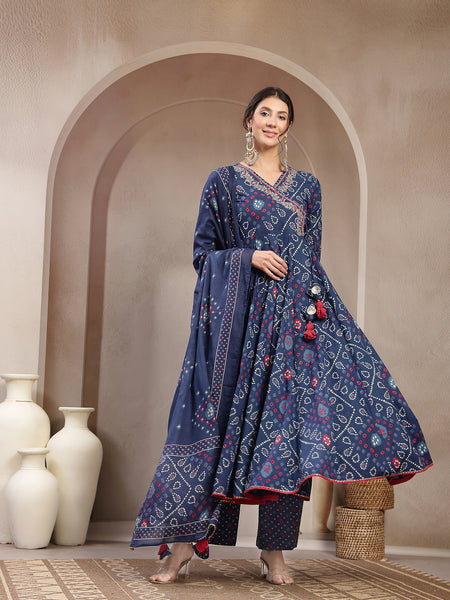 Kimayra Cotton Calf Length Printed 3/4 Sleeve Angrakha Flared Kurta Suit Set