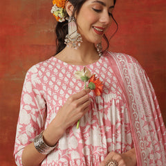 Kimayra Cotton Ankle  Length Printed 3/4 Sleeves Round Neck Full Flared Kurta Suit Set