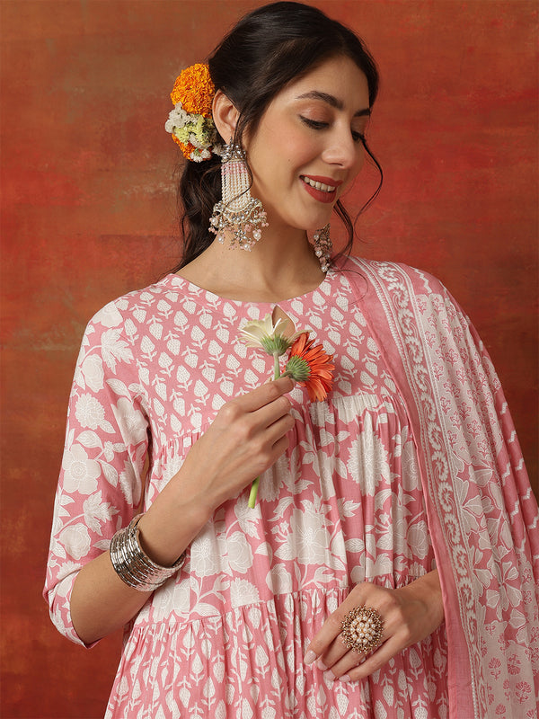 Kimayra Cotton Ankle  Length Printed 3/4 Sleeves Round Neck Full Flared Kurta Suit Set