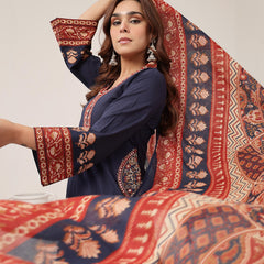 Kimayra Cotton Calf Length Solid 3/4 Sleeve V-Neck Flared Kurta Suit Set