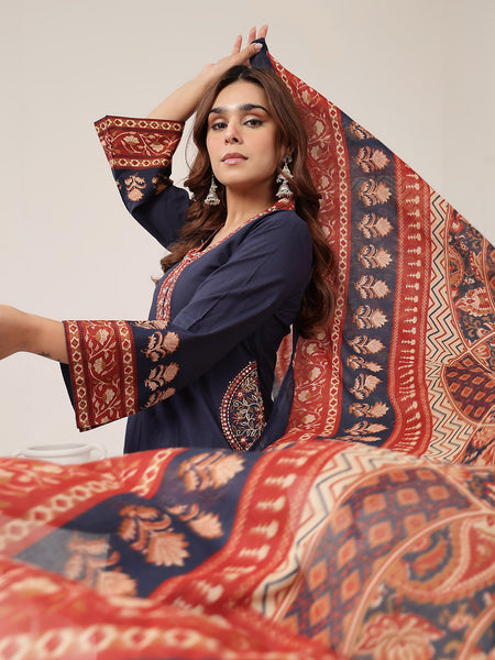 Kimayra Cotton Calf Length Solid 3/4 Sleeve V-Neck Flared Kurta Suit Set
