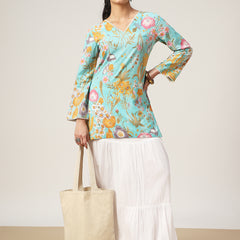 Kimayra Cotton Hip Length Printed Full Sleeve V-Neck Straight Top