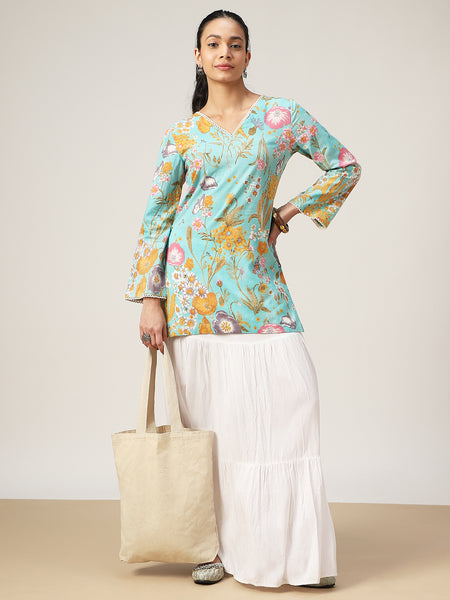 Kimayra Cotton Hip Length Printed Full Sleeve V-Neck Straight Top
