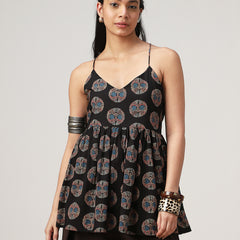 Kimayra Cotton Hip Length Printed Sleeveless V-Neck Flared Top