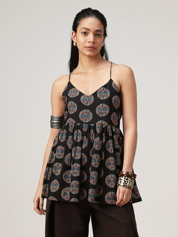 Kimayra Cotton Hip Length Printed Sleeveless V-Neck Flared Top