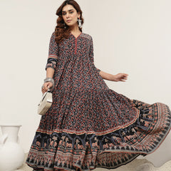 Kimayra Cotton Calf Length Printed 3/4 Sleeves V-Neck Anarkali Kurta