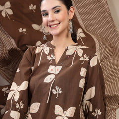 Kimayra Cotton Calf Length Printed 3/4 Sleeve Mandarin Collar Straight Kurta Suit Set