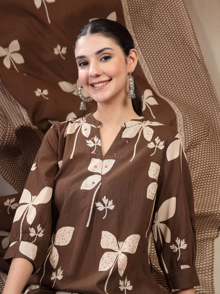 Kimayra Cotton Calf Length Printed 3/4 Sleeve Mandarin Collar Straight Kurta Suit Set
